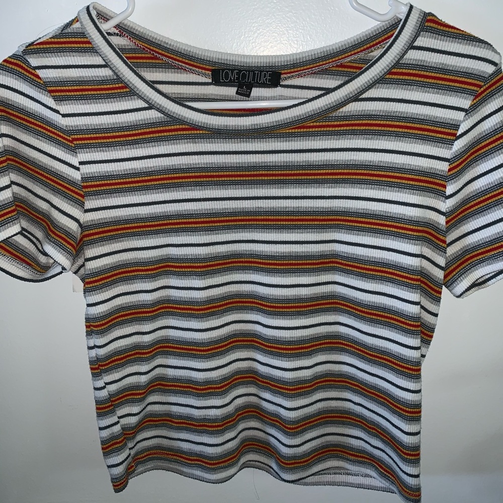 Love culture red yellow and black striped top